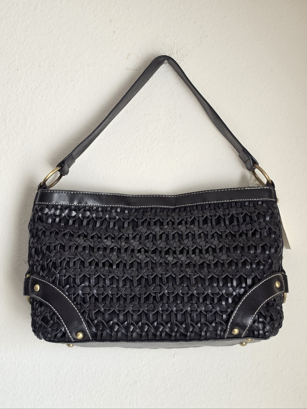 NWT Coldwater Creek Melina Black Woven Faux Leather Shoulder Hand Bag Purse